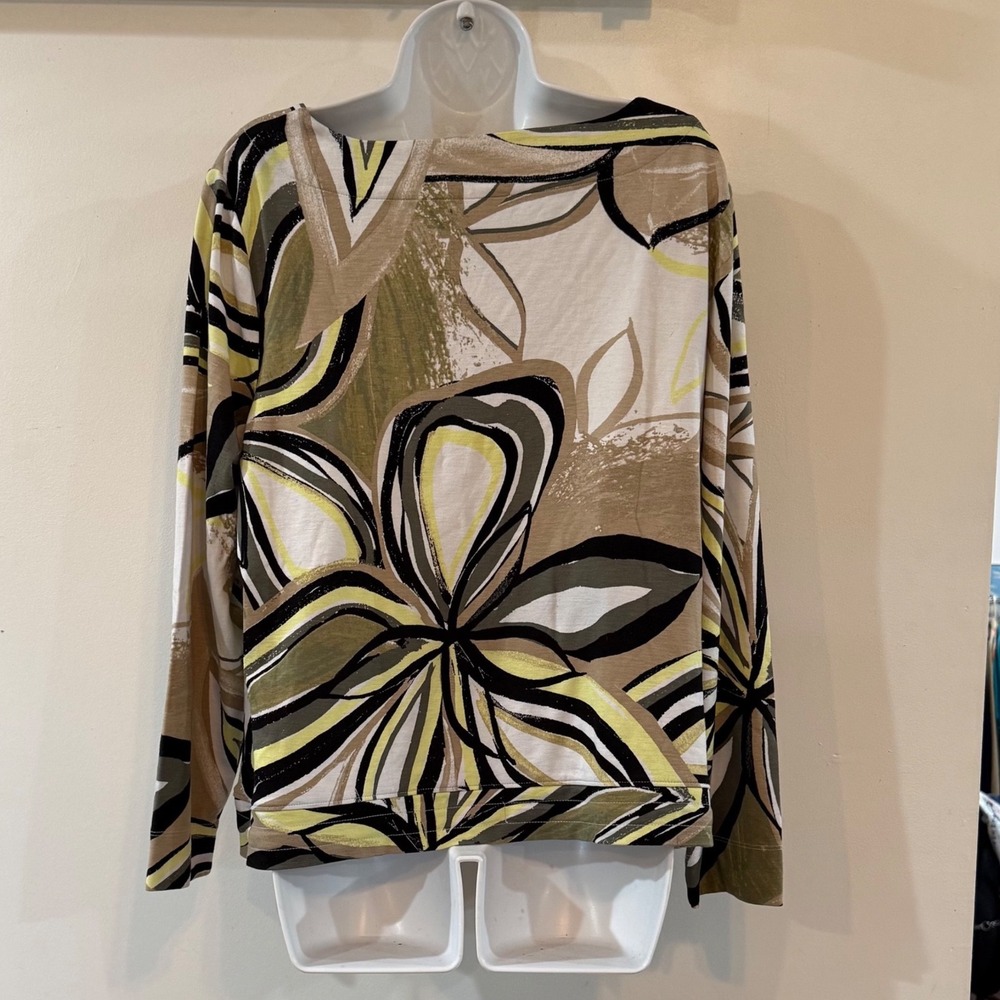 Chico's Abstract Floral Hippie Drawstring Top Olive Yellow 3 dopamine XL funky - Picture 3 of 8